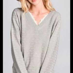 Gray v neck sweater with lace detail